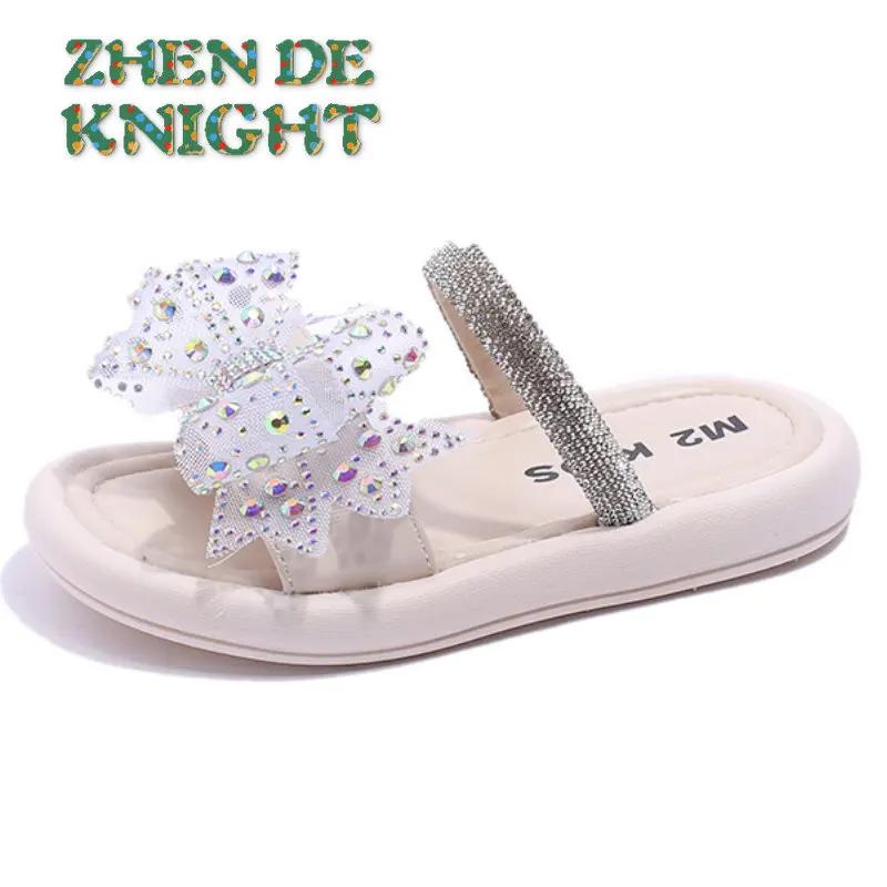 Girl Baby Slippers 2023 Summer New Girls Soft Sole Sandals Fashion Rhinestone Sequins Bow Casual Childrens Slippers